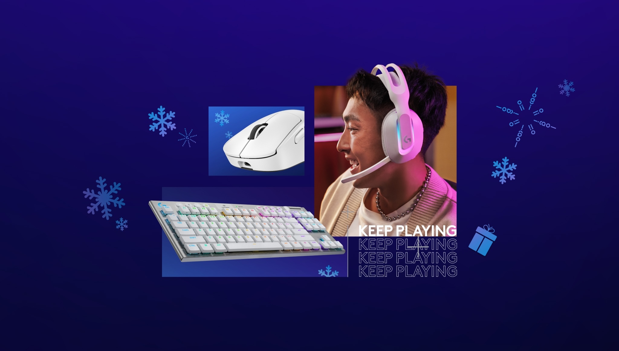 Blue background with headset, keyboard, or mouse